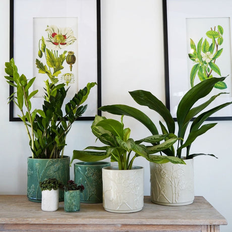 Medium Kew Gardens Stoneware Ivory Indoor Planter - Handmade With a Meadow Flowers Embossed Pattern Luxury Home Decor Garden & Outdoor And Gifts