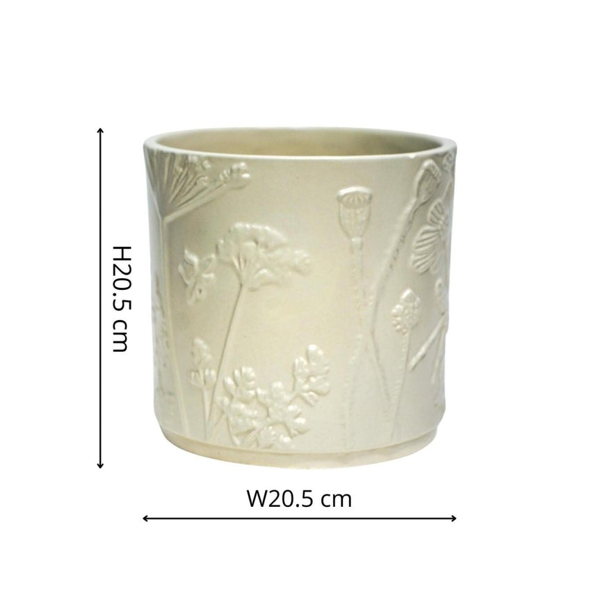 Medium Kew Gardens Stoneware Ivory Indoor Planter - Handmade With a Meadow Flowers Embossed Pattern Luxury Home Decor Garden & Outdoor And Gifts
