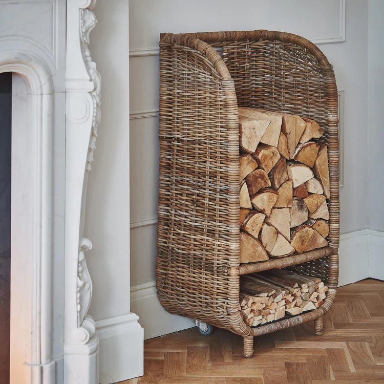 Natural Rattan Log Trolley with Kindling Shelf H100cm W52cm Luxury Home Decor Garden & Outdoor And Gifts
