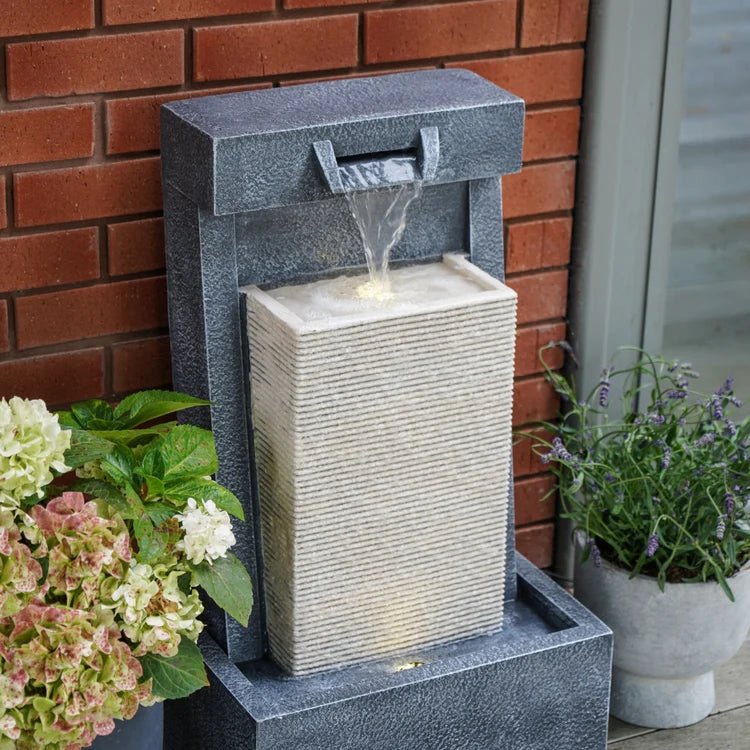 Outdoor Contemporary Cube Garden Water Fountain Feature Cement Grey - LED Lighting, Plug & Play Quality Home Decor Garden & Outdoor Living and Gifts