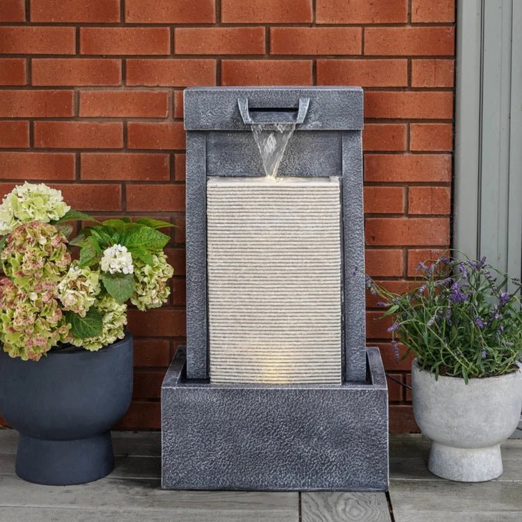 Outdoor Contemporary Cube Garden Water Fountain Feature Cement Grey - LED Lighting, Plug & Play Quality Home Decor Garden & Outdoor Living and Gifts