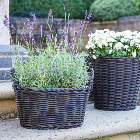 Outdoor Lined Small Basket Planter w/Handles - Black Rattan Finish, Waterproof, Frost Resistant Quality Home Decor Garden & Outdoor Living and Gifts