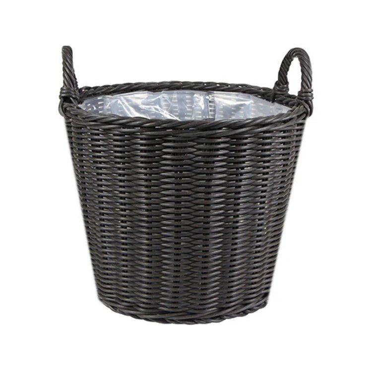 Outdoor Lined Small Planter w/Handles - Black Rattan Finish, Recyclable, Handcrafted Quality Home Decor Garden & Outdoor Living and Gifts