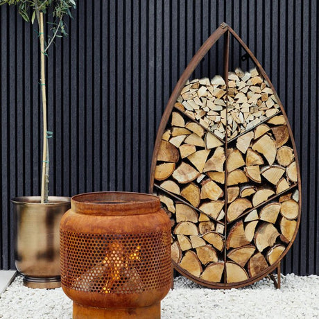 Outdoor Log/Wood Storage Holder Rack - Leaf Design on Stand - Rust Finish, Frost Resistant Quality Home Decor Garden & Outdoor Living and Gifts