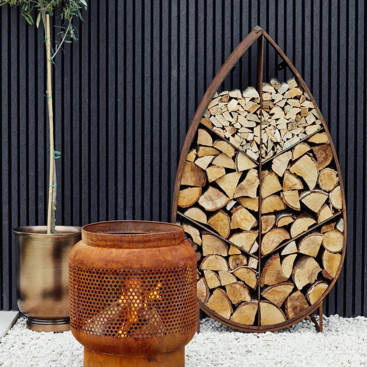 Outdoor Log/Wood Storage Holder Rack - Leaf Design on Stand - Rust Finish, Frost Resistant Quality Home Decor Garden & Outdoor Living and Gifts