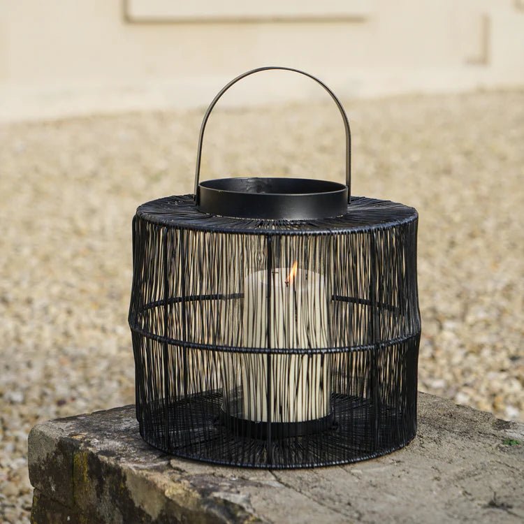 Portofino Small Outdoor Garden Black Wirework Lantern w/ Glass Insert - Perfect Centrepiece Quality Home Decor Garden & Outdoor Living and Gifts