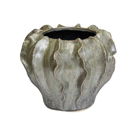 Scarlet Coral Reef Large Indoor Planter Green Ceramic - Wave - Like Texture, Pearlescent Glaze Quality Home Decor Garden & Outdoor Living and Gifts
