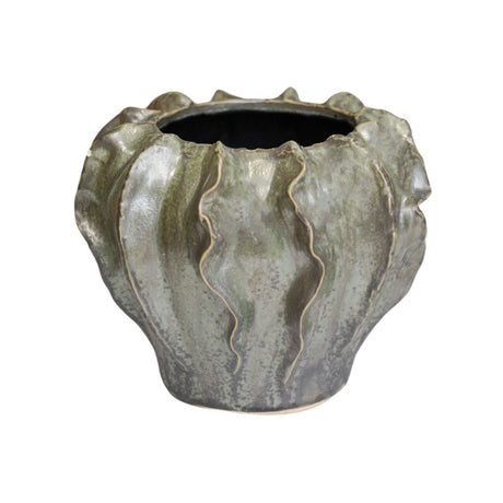 Scarlet Coral Reef Small Indoor Planter Green Ceramic - Wave - Like Texture, Pearlescent Glaze Quality Home Decor Garden & Outdoor Living and Gifts