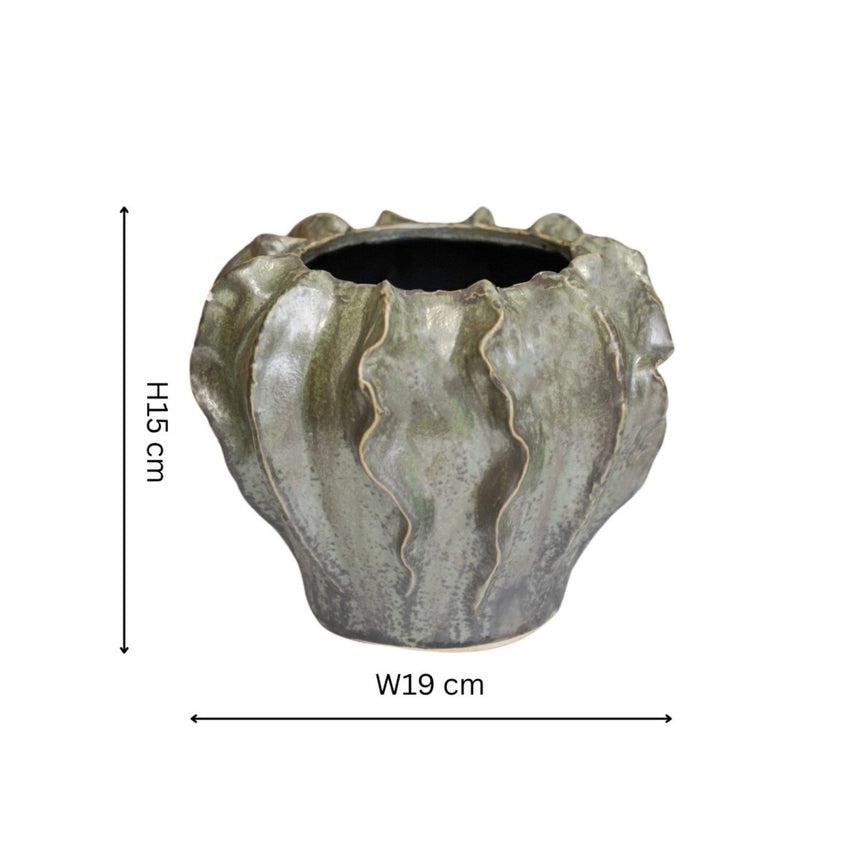 Scarlet Coral Reef Small Indoor Planter Green Ceramic - Wave - Like Texture, Pearlescent Glaze Quality Home Decor Garden & Outdoor Living and Gifts