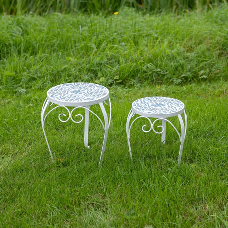 Set of 2 Mosaic Outdoor Plant Tables or Stands - Blue & White Quality Home Decor Garden & Outdoor Living and Gifts