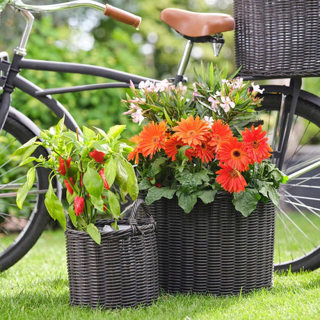 Set of 2 Outdoor Lined Planters Black Rattan Finish - w/Handles, UV Stable, Recyclable Quality Home Decor Garden & Outdoor Living and Gifts