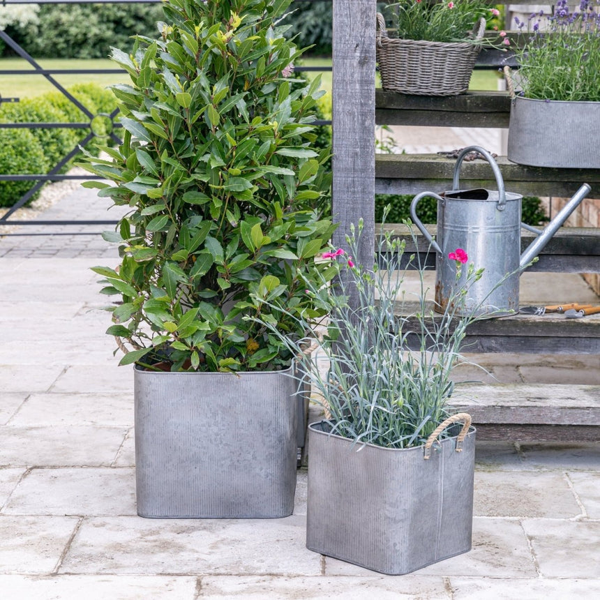 Set of 2 Outdoor Square Planters w/Rope Handles Galvanised Iron - Farmhouse Country Style Quality Home Decor Garden & Outdoor Living and Gifts