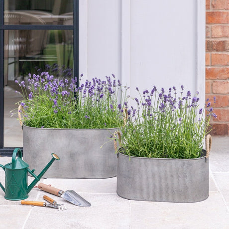 Set of 2 Outdoor Trough Planters w/Rope Handles Galvanised Iron - On - Trend Farmhouse Style Quality Home Decor Garden & Outdoor Living and Gifts