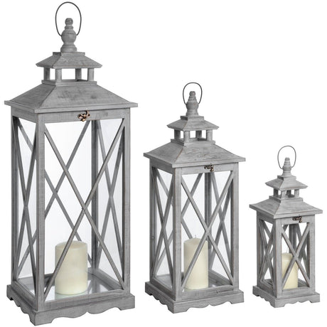 Set Of Three Wooden Lanterns With Traditional Cross Section Luxury Home Decor Garden & Outdoor And Gifts