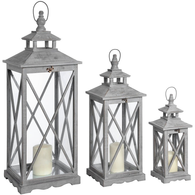 Set Of Three Wooden Lanterns With Traditional Cross Section Luxury Home Decor Garden & Outdoor And Gifts