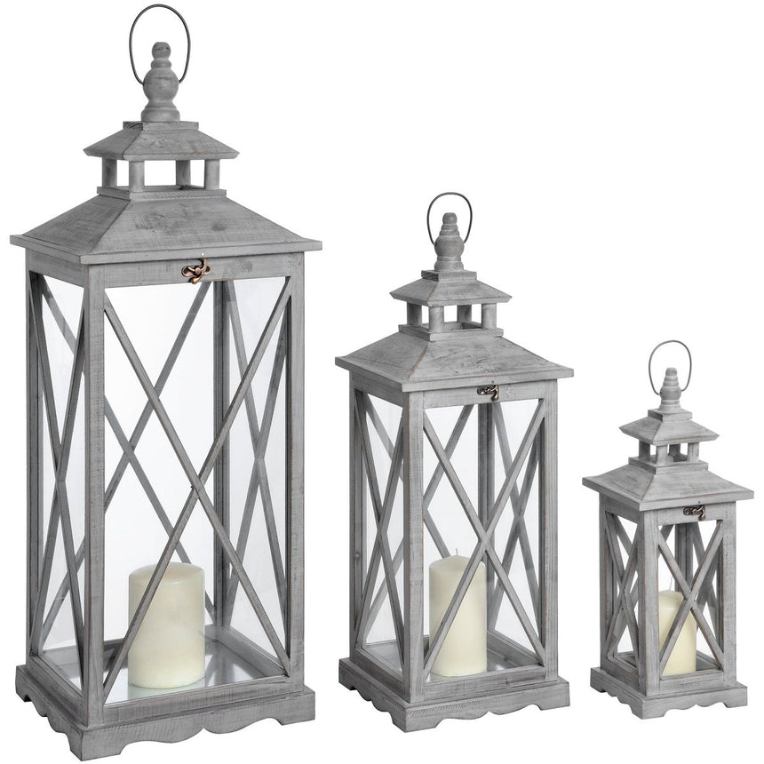 Set Of Three Wooden Lanterns With Traditional Cross Section Luxury Home Decor Garden & Outdoor And Gifts