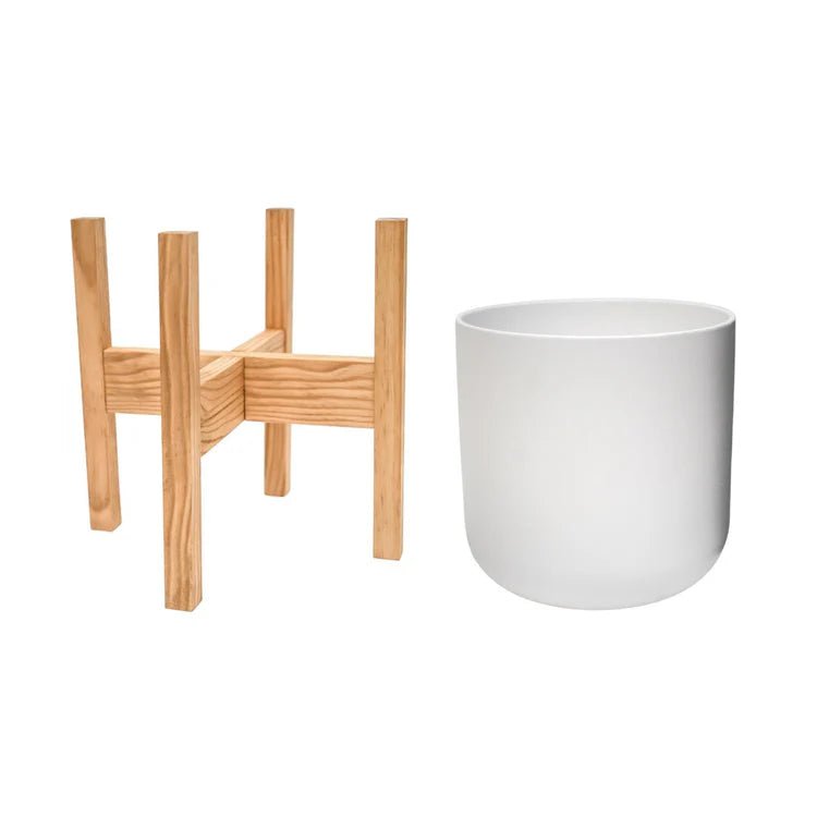 Small Indoor White Ceramic Plant Pot - On Wooden Stand Luxury Home Decor Garden & Outdoor And Gifts