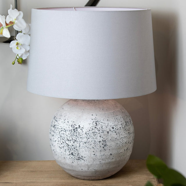 Tiber Large Stone Ceramic Lamp Flecked Detailing & Light Grey Fabric Shade - Stylish Table Lamps UK Luxury Home Decor Garden & Outdoor And Gifts