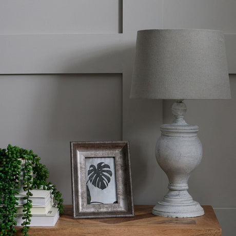 Uthina Grey Toned Wooden Table Lamp & Linen Shade - Stylish Table Lamps UK Luxury Home Decor Garden & Outdoor And Gifts