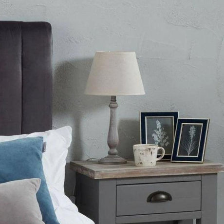 Vintage Whitewash Effect Teos Table Lamp & Linen Shade - Stylish Table Lamps UK Luxury Home Decor Garden & Outdoor And Gifts