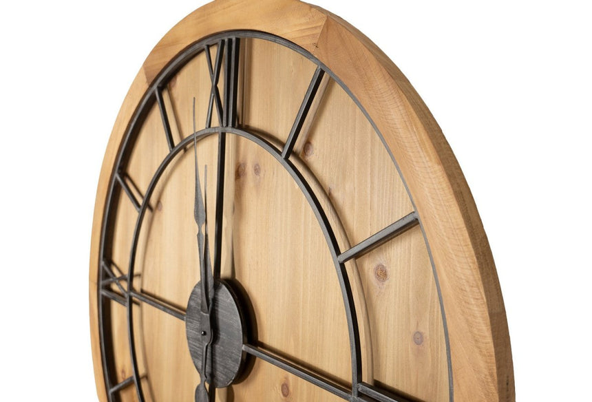Williston Large Wooden Wall Clock 90cm Grey Metal Roman Numerals - Wooden Wall Clocks UK Luxury Home Decor Garden & Outdoor And Gifts