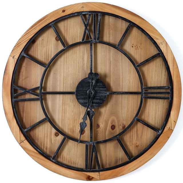 Williston Large Wooden Wall Clock 90cm Grey Metal Roman Numerals - Wooden Wall Clocks UK Luxury Home Decor Garden & Outdoor And Gifts